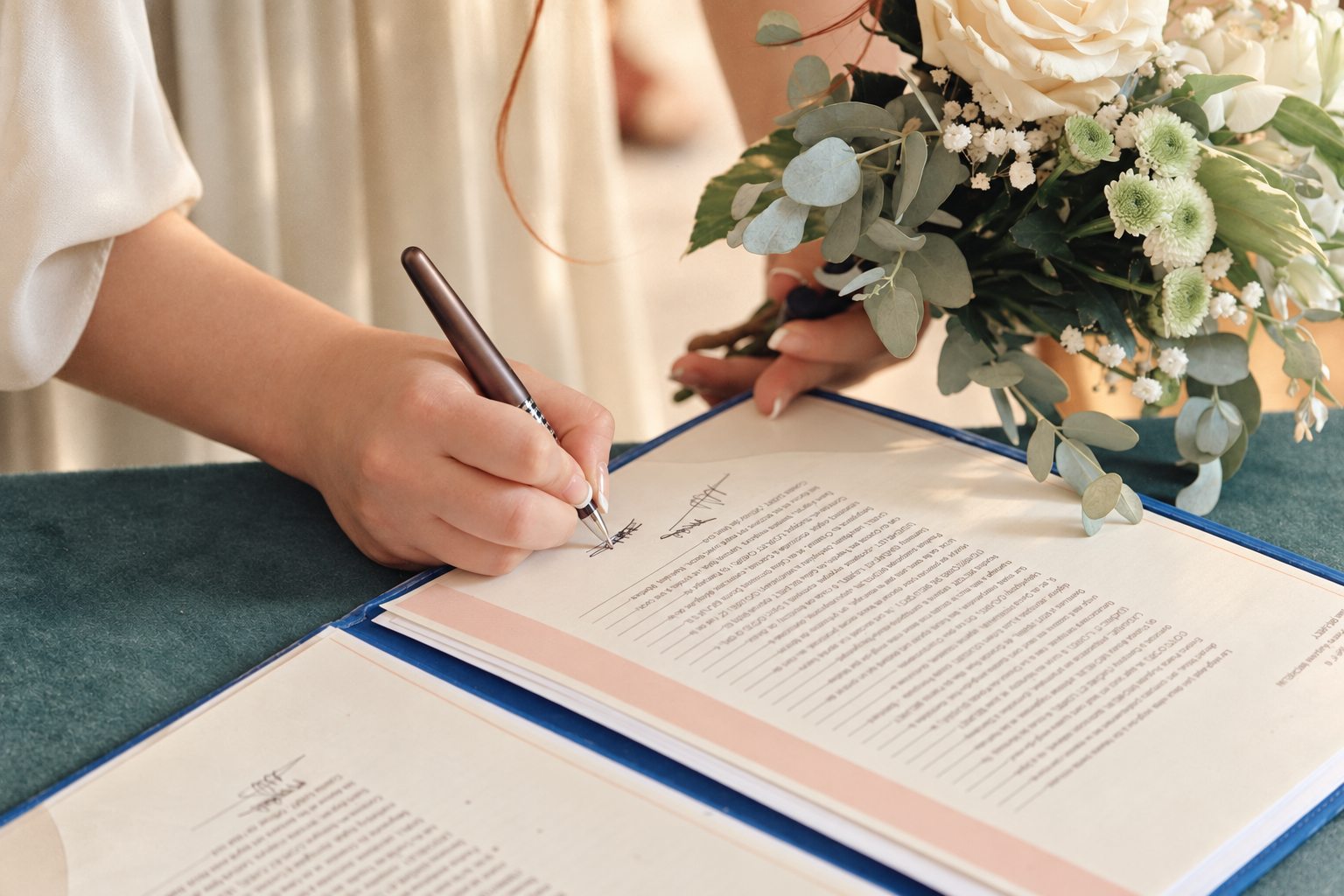 Signature du registre de mariage auprès d’un bouquet